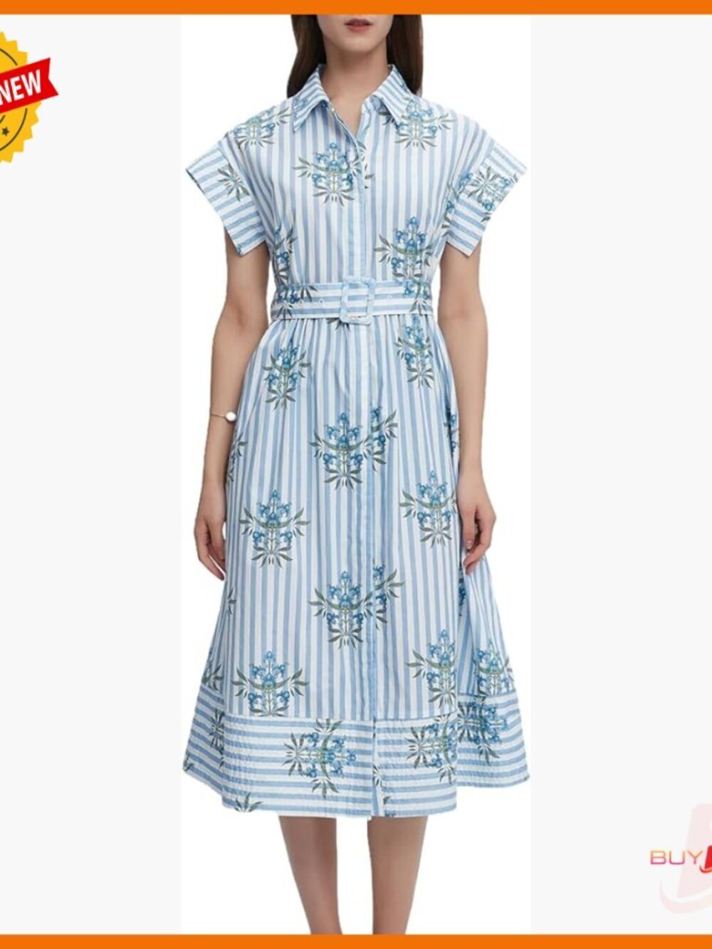 Cotton Midi Dress with Pockets, Short Sleeve Button Down Casual Floral